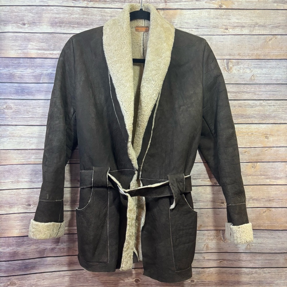 Roberta Freymann Shearling Brown Belted Coat Size Small